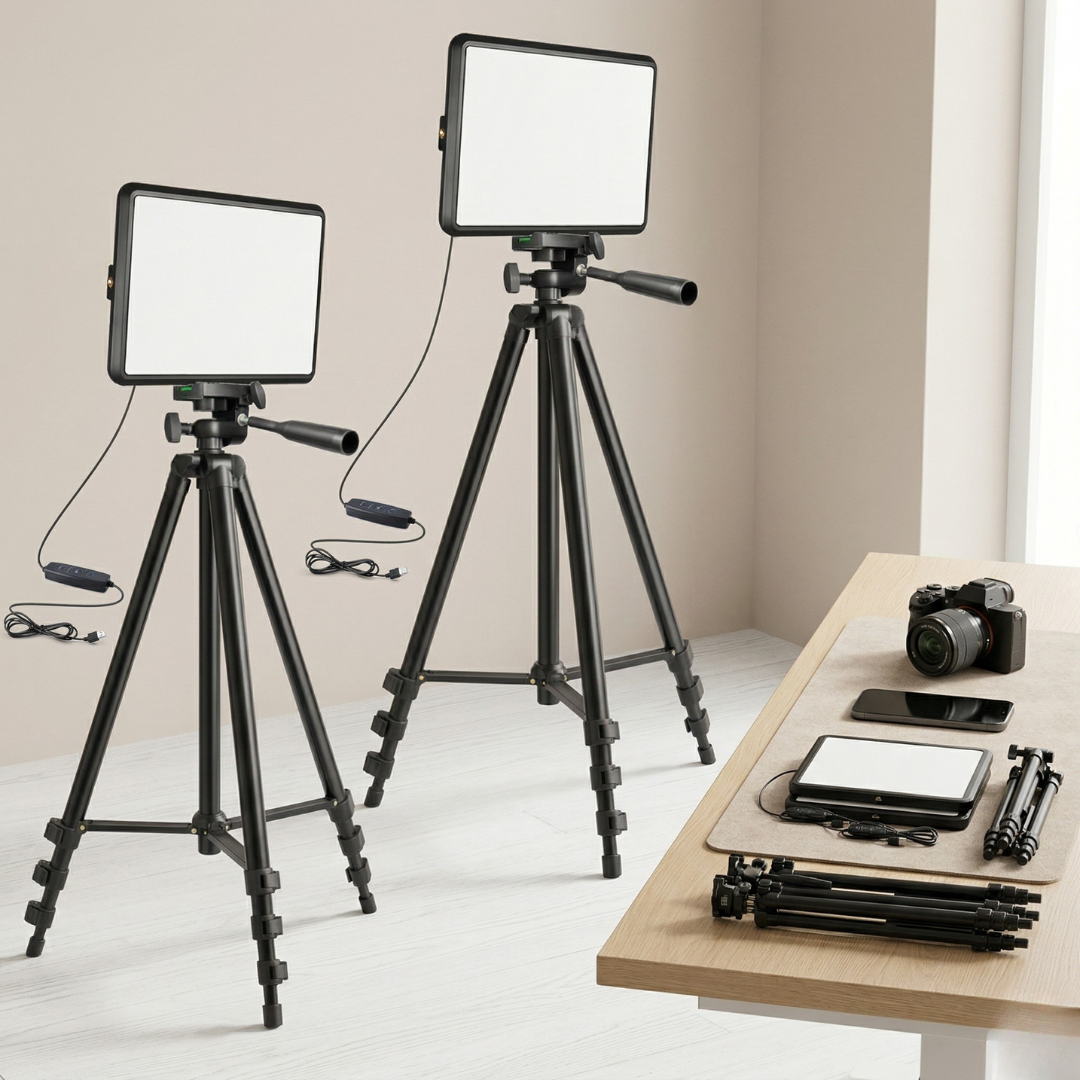 Doppeltes LED-Videoleuchten-Set – USB-betrieben, 2800K–6500K einstellbar, zwei ausziehbare Dreibeinstative