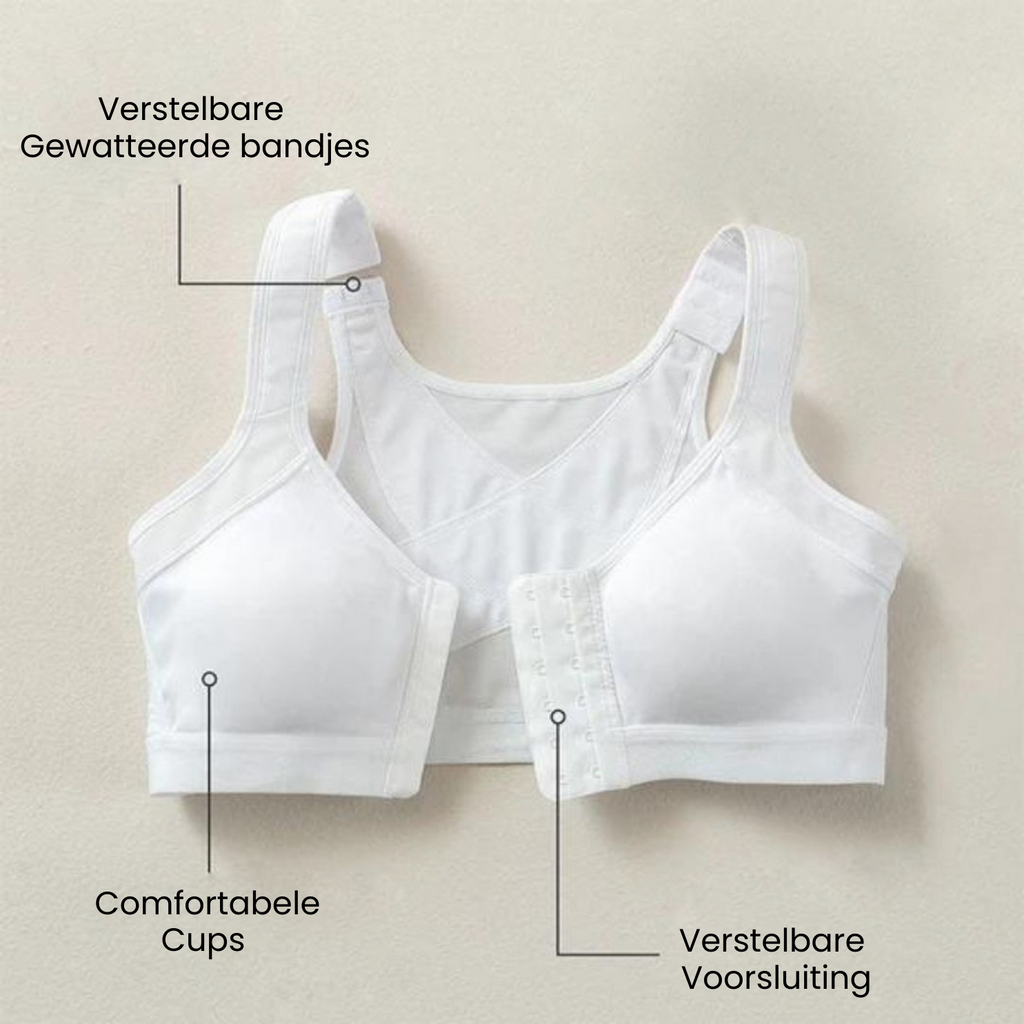 Hållningsstödjande bh — knäppning fram, svart, beige och vit