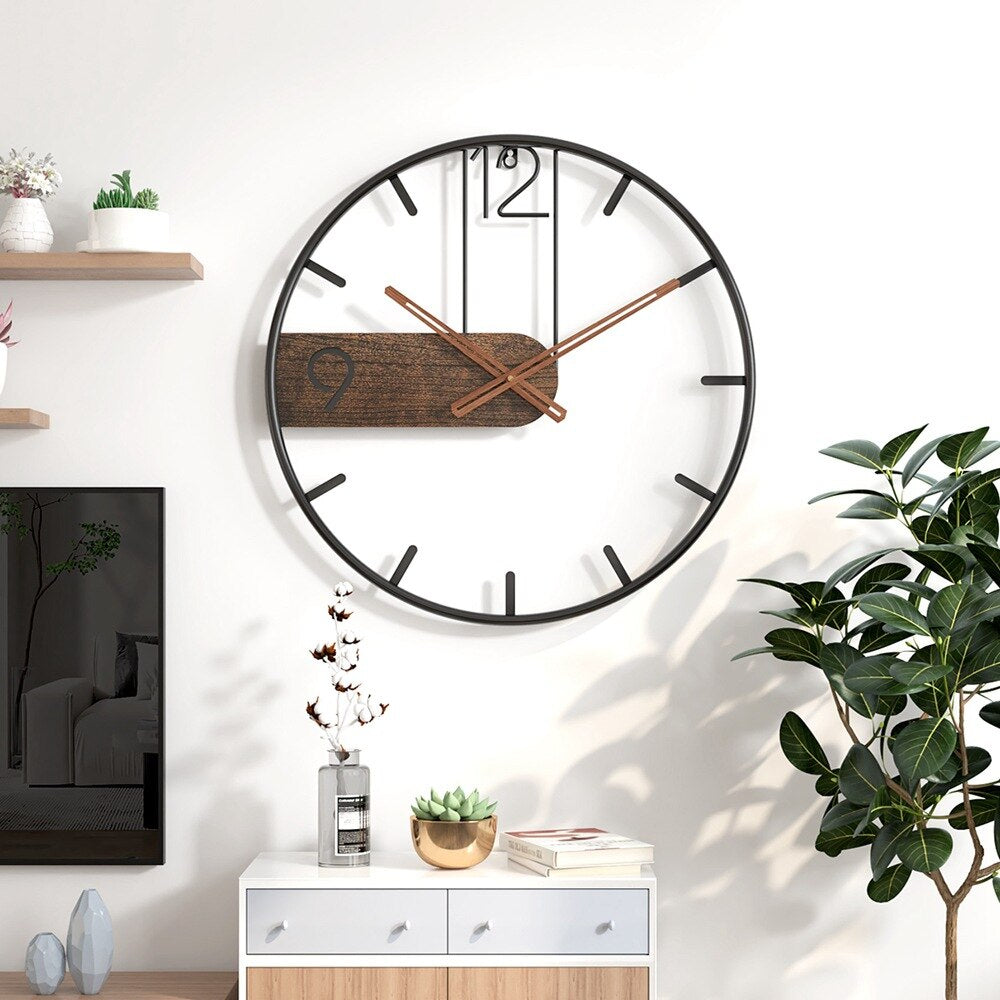Ceas de perete din oțel – Accent de nuc, stil industrial, ø 40 cm