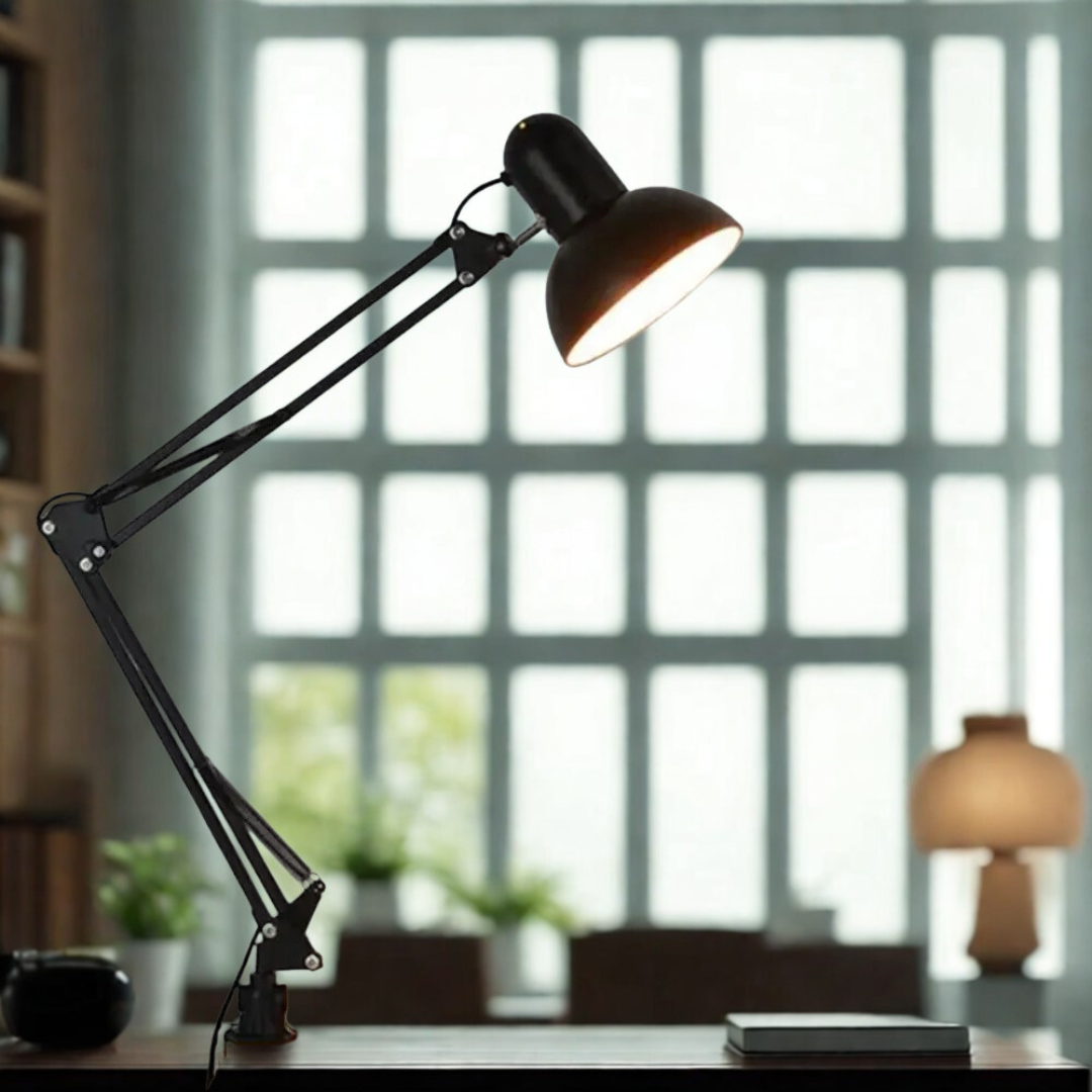 Contemporary Black Swing-Arm Table Lamp — Adjustable Lighting