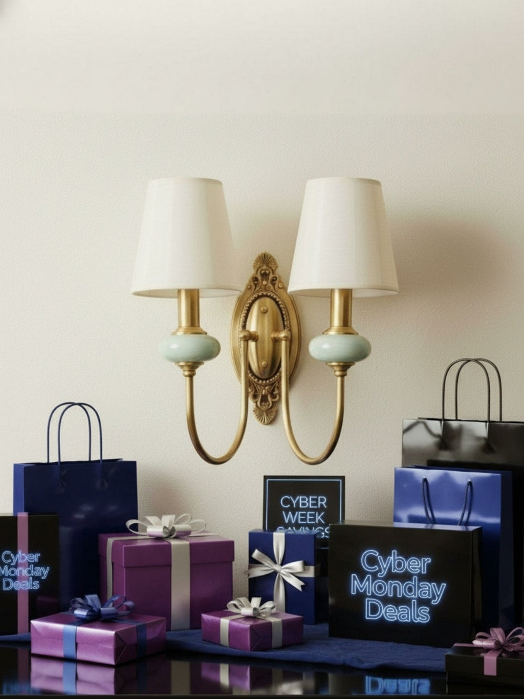 Keramische wandlamp met stoffen kap, 1 of 2 E27-lampen
