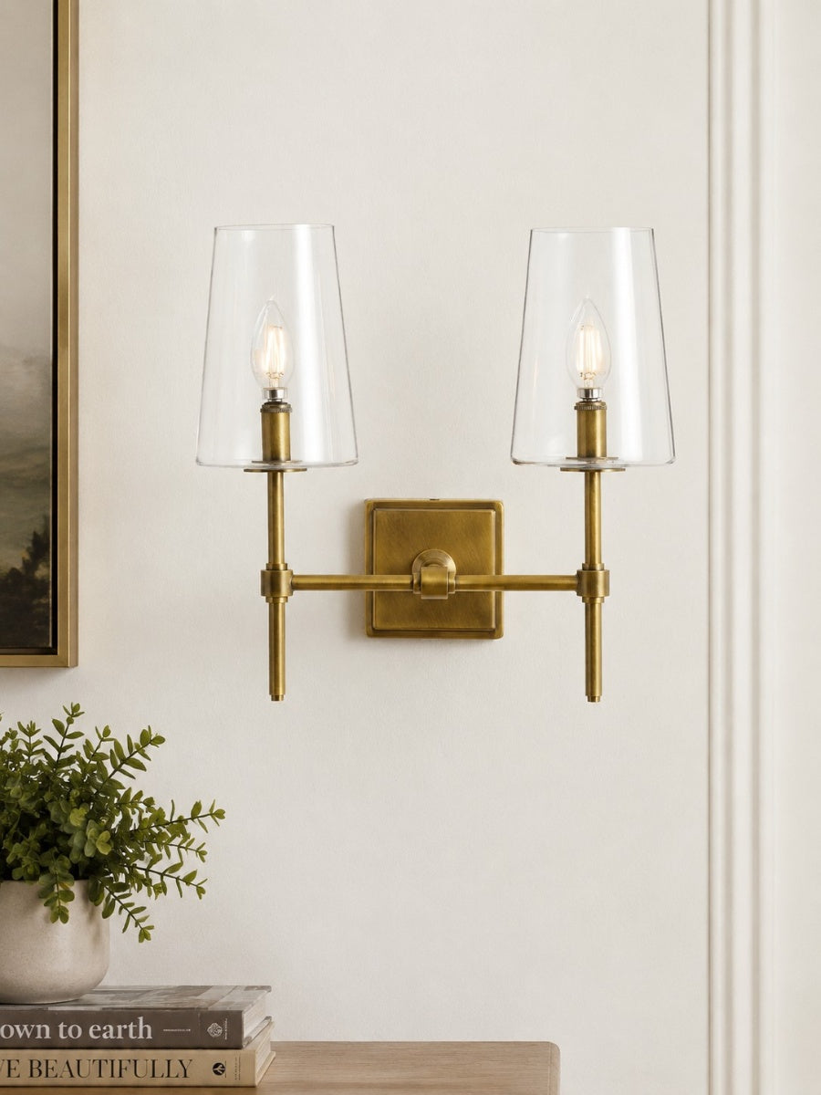 Wandlamp van helder glas — configuratie van één tot drie lampen