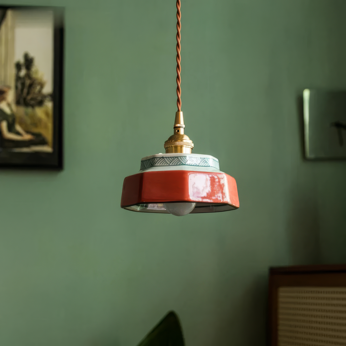 Lampă suspendată din ceramică pictată manual, element de fixare din cupru