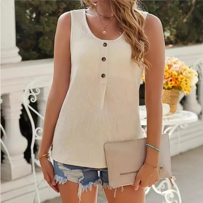 T-shirt femme tendance, texturé, avec boutons, coupe loose, col rond, décontracté