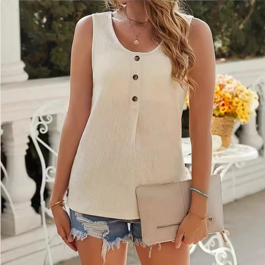 T-shirt femme tendance, texturé, avec boutons, coupe loose, col rond, décontracté