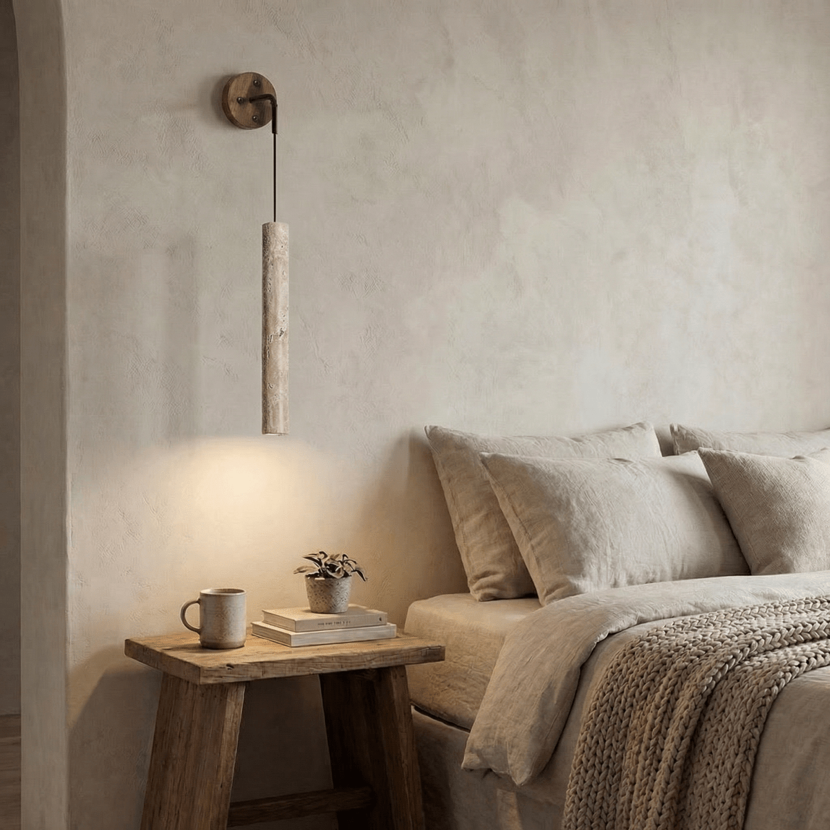 30cm væglampe i naturlig gul travertinsten — cylindrisk design