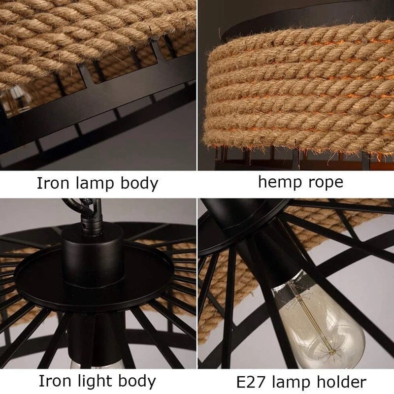 Ropehaven Vintage Pendant Light — Distressed Metal Shade, Hemp Rope Detail