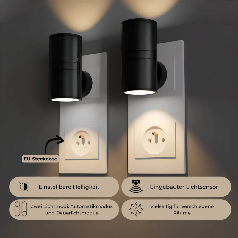 Dimbar vägglampa med stickkontakt — svart och vit LED-nattlampa