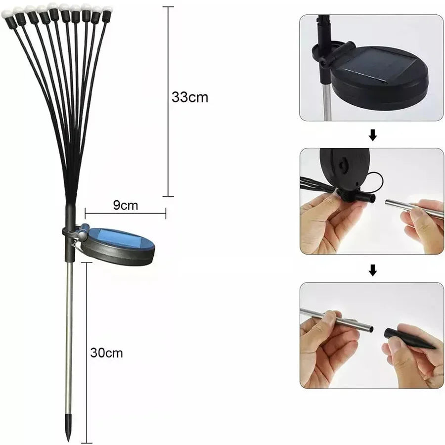 Ildflue-sollampe til haven - 20 LED-varmhvide lys, 33 cm