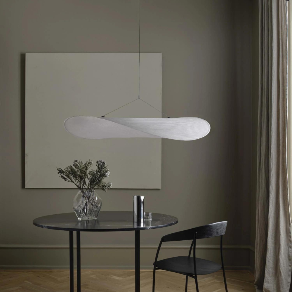 Lampa wisząca w stylu Japandi — ręcznie tkany jedwabny klosz, Ø40/Ø60/Ø80