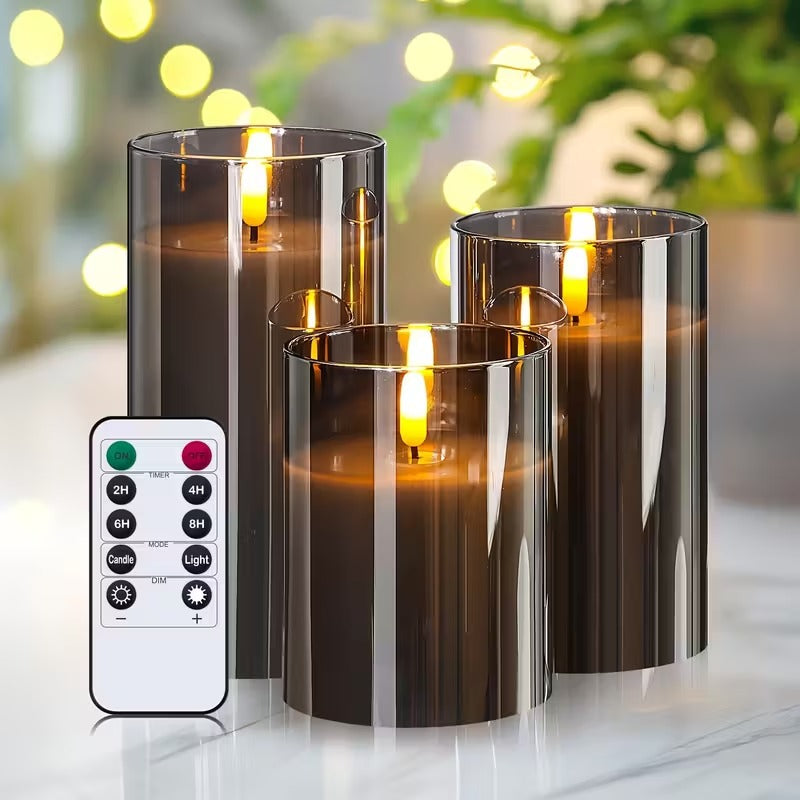LED-ljusset, svart glas — fjärrkontroll, timer, realistisk låga