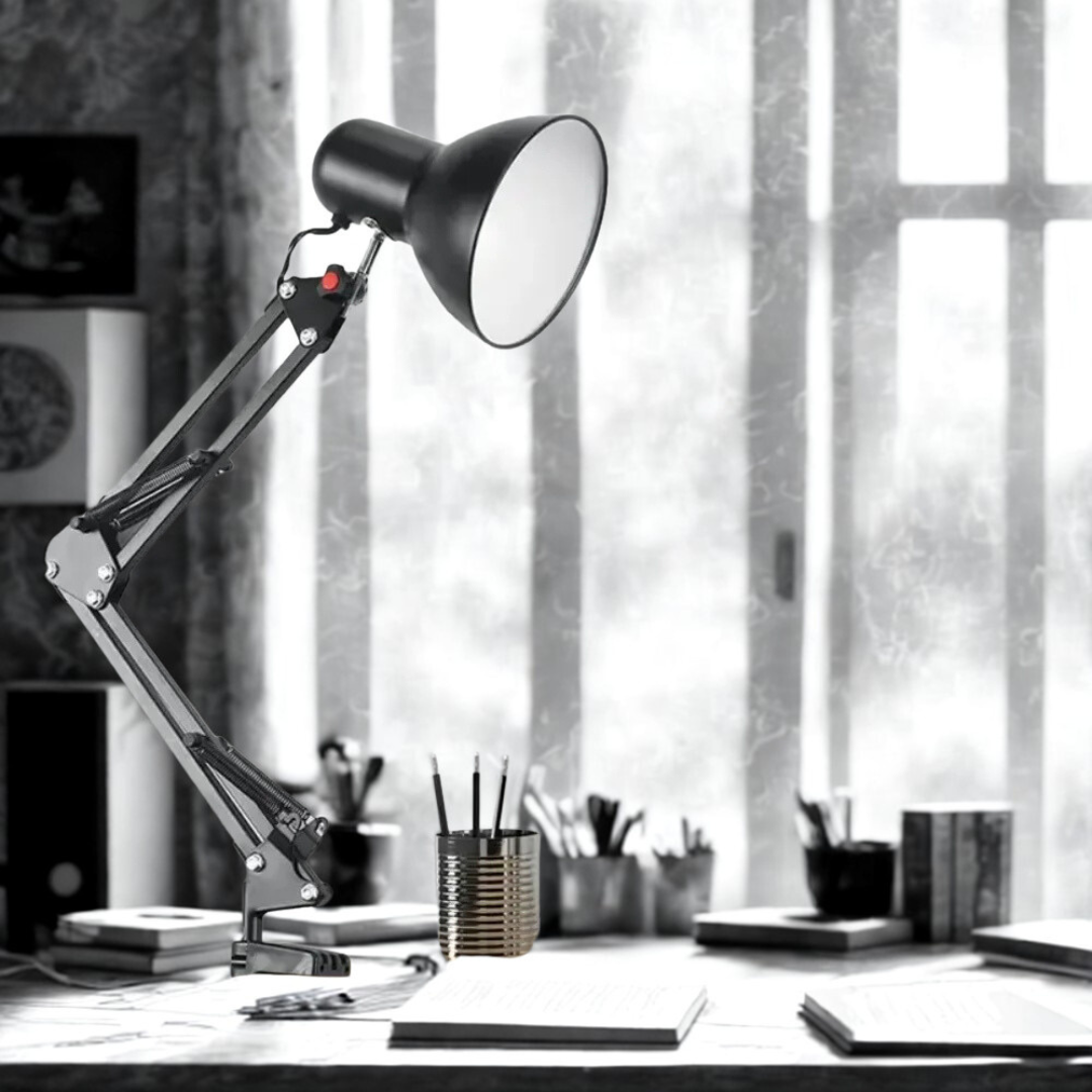 Contemporary Black Swing-Arm Table Lamp — Adjustable Lighting