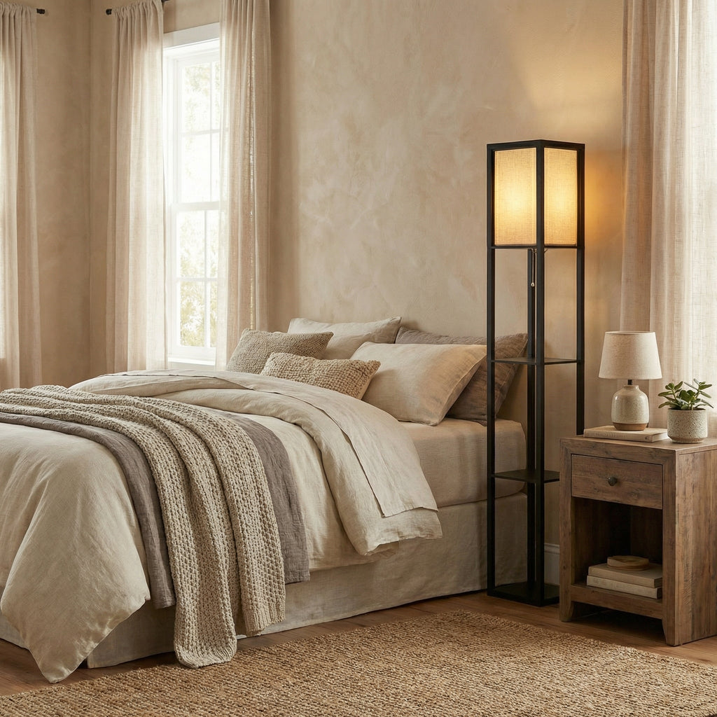 Floor Lamp with Fabric Shade and Integrated Storage Shelves - Wildoxy