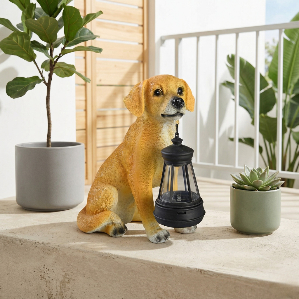 Estátua canina alimentada por energia solar — Leve, carregamento à luz do dia, brilho quente noturno