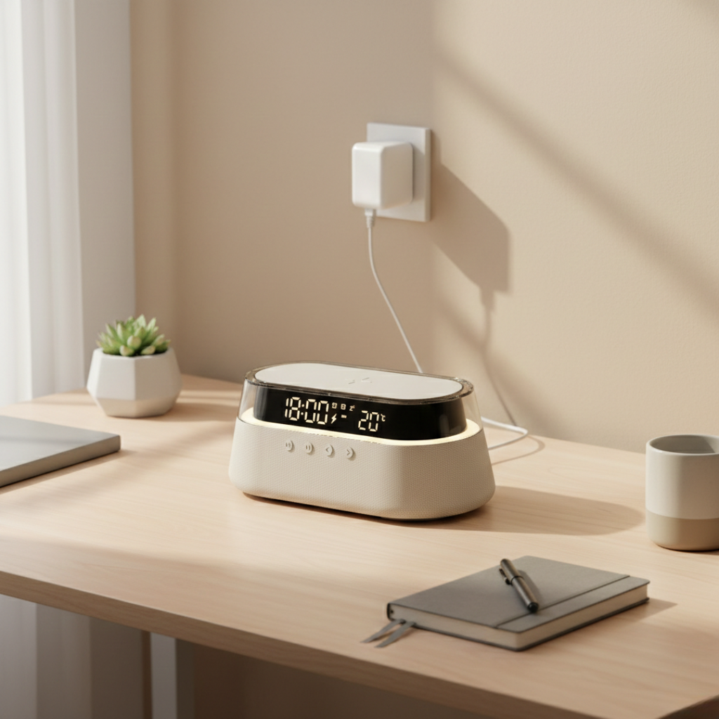 Altavoz Bluetooth compacto con despertador — base de carga inalámbrica de 15W, iluminación ambiental