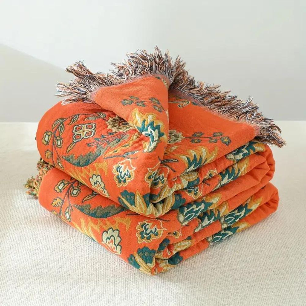 Pătură decorativă reversibilă din bumbac — florală, portocalie și turcoaz