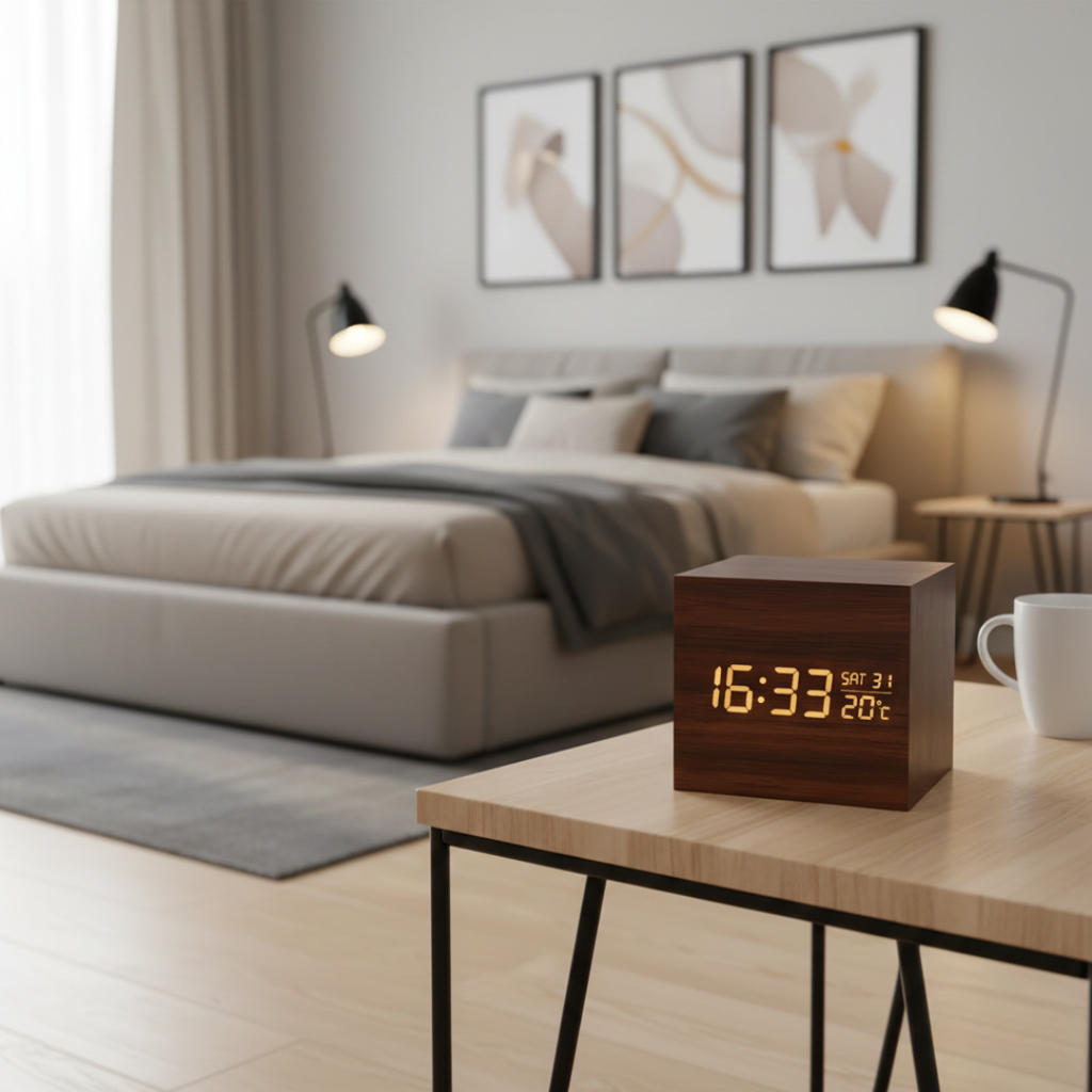 Reloj despertador LED cúbico - pantalla digital compacta, temporizador de mesita de noche
