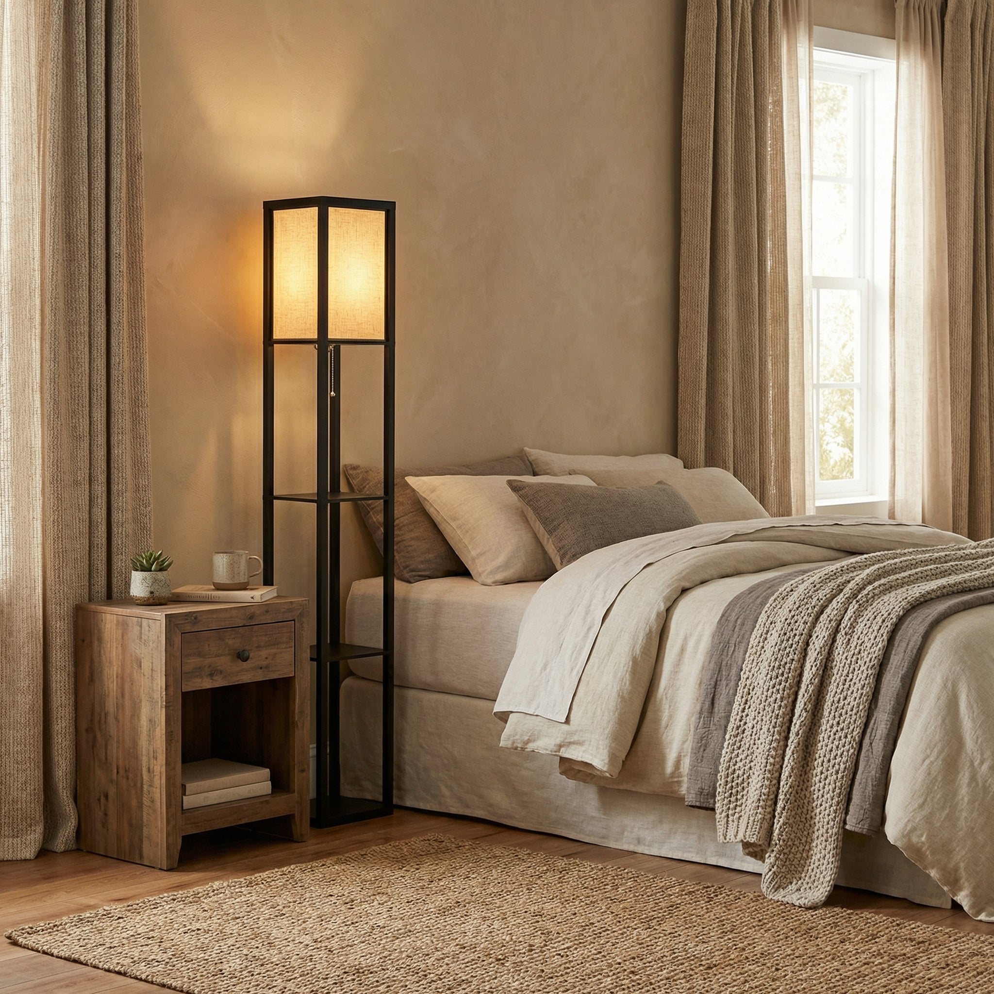 Floor Lamp with Fabric Shade and Integrated Storage Shelves - Wildoxy