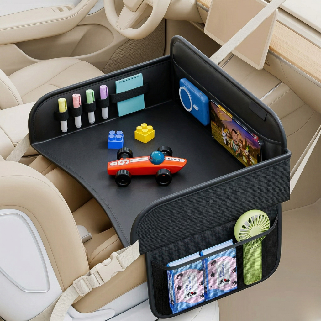 Organiseur avec plateau-repas pour banquette arrière - surface facile à nettoyer, base stable