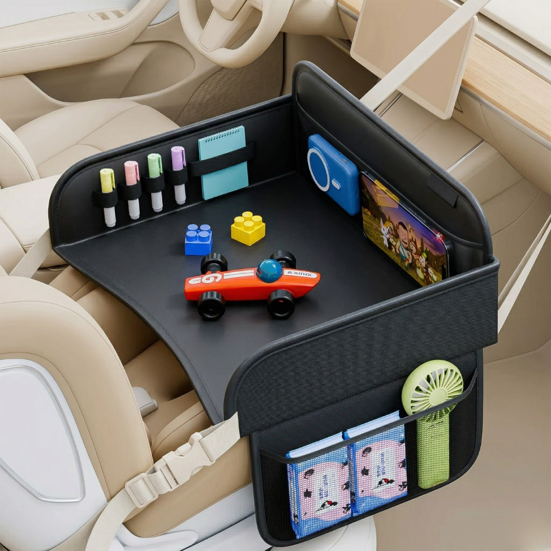 Organiseur avec plateau-repas pour banquette arrière - surface facile à nettoyer, base stable