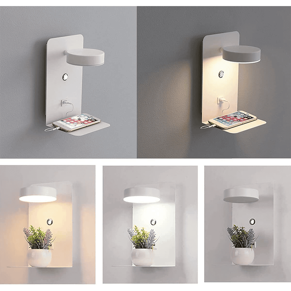 USB充電トレイ付きモダンウォールランプ、温かみのある光