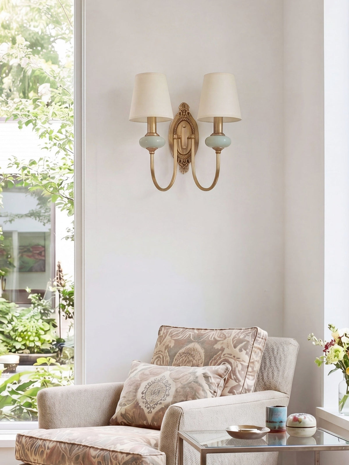 Keramische wandlamp met stoffen kap, 1 of 2 E27-lampen
