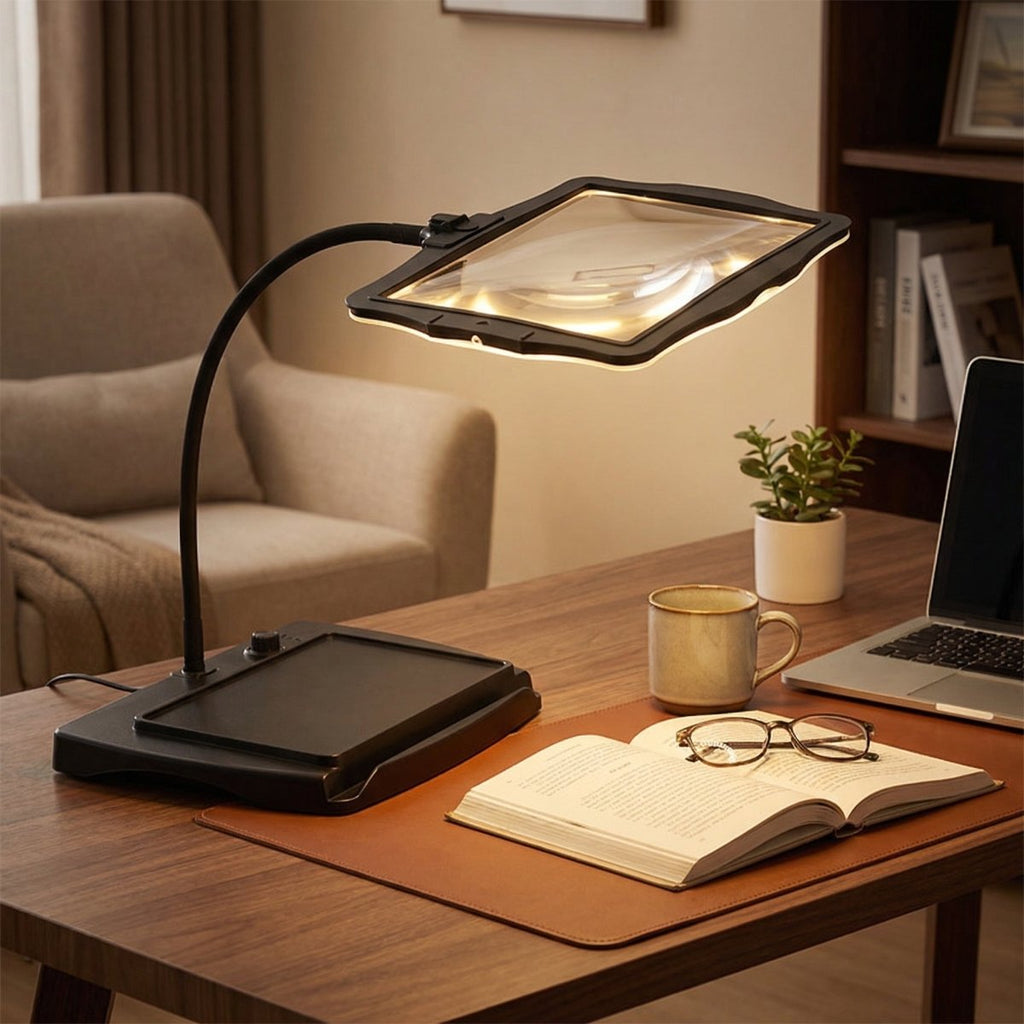 Bright LED Desk Lamp — Glass Magnifying Lens, Adjustable Arm