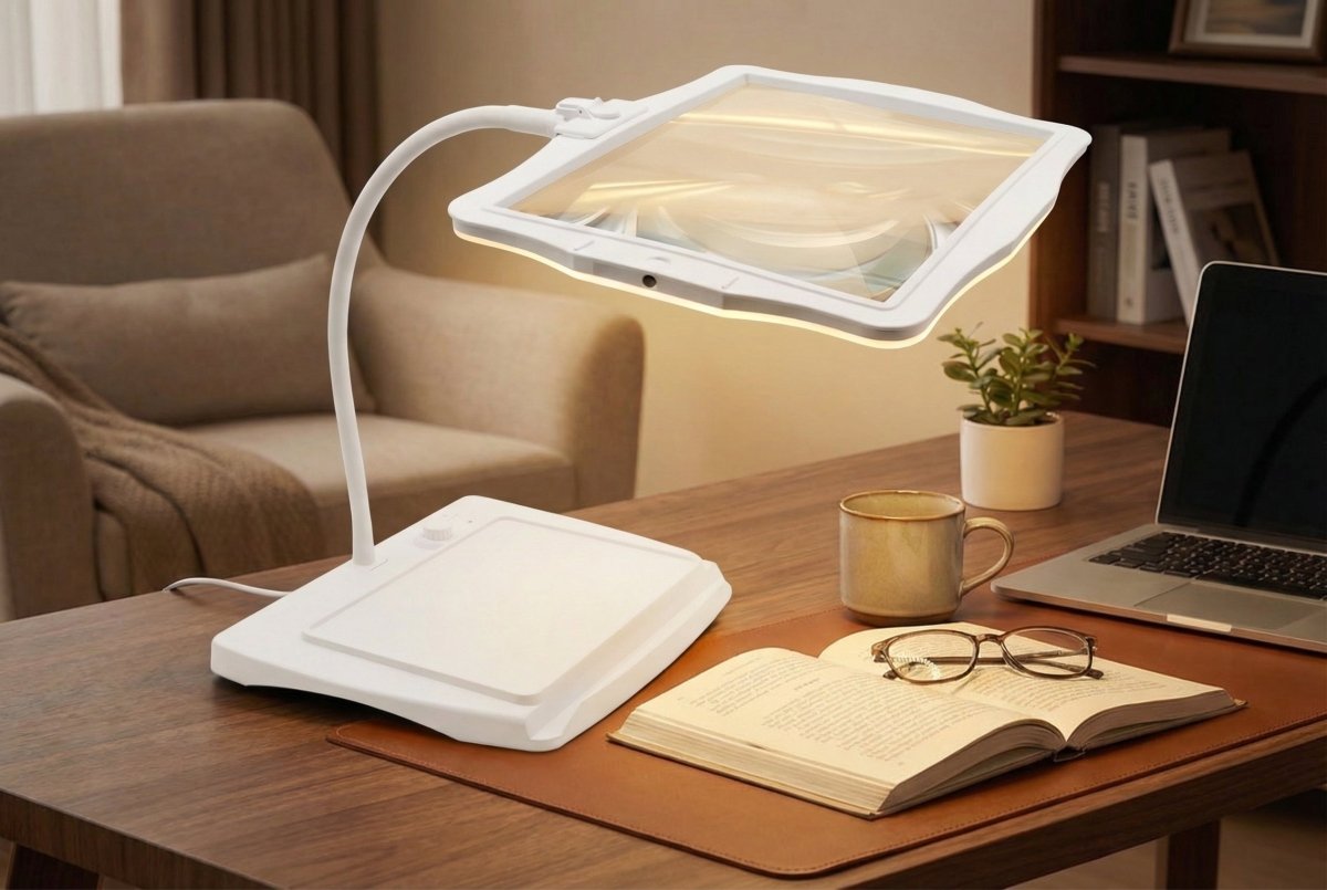 Bright LED Desk Lamp — Glass Magnifying Lens, Adjustable Arm