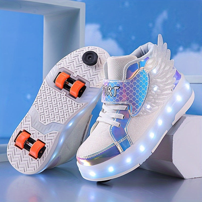 Zapatillas deportivas con alas, luces y patines de ruedas recargables por USB