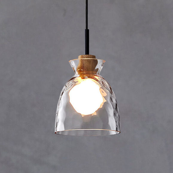 E26-Pendelleuchte – Transparenter Glasschirm mit Holz, Retro