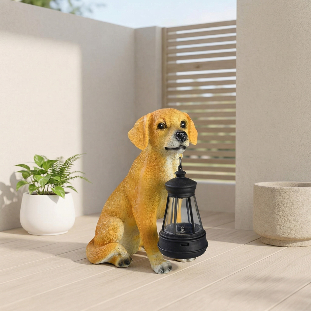 Estátua canina alimentada por energia solar — Leve, carregamento à luz do dia, brilho quente noturno