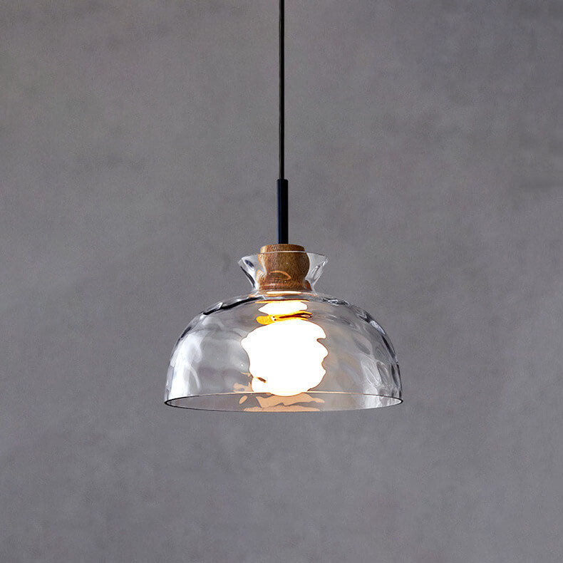 E26-Pendelleuchte – Transparenter Glasschirm mit Holz, Retro