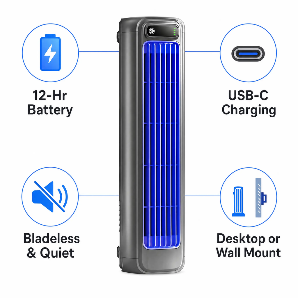 Ventilador portátil inalámbrico sin aspas — Silencioso, recargable, 12 horas