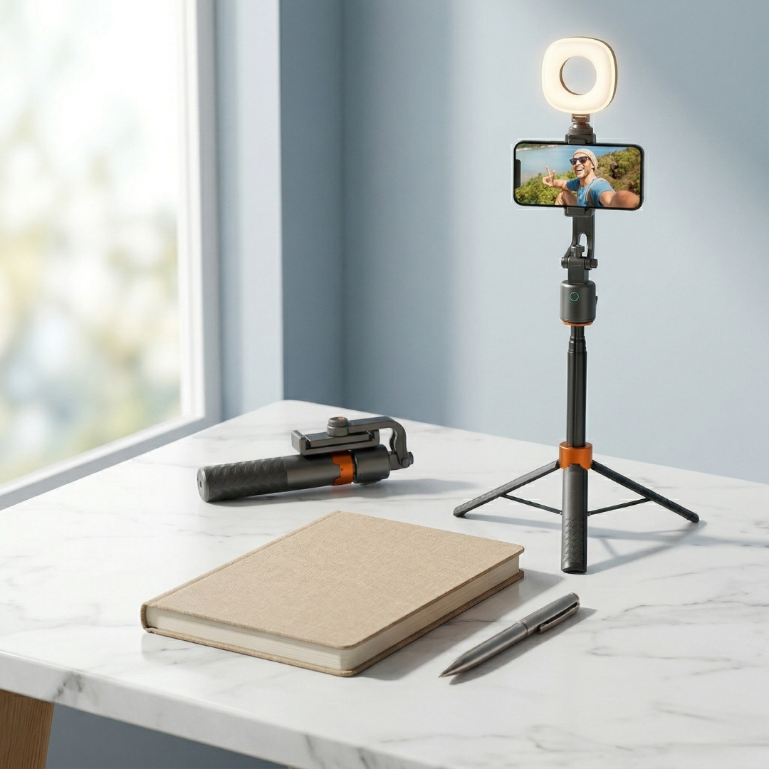 Trípode de vídeo inteligente con seguimiento facial — base giratoria de 360 grados, dos luces de relleno