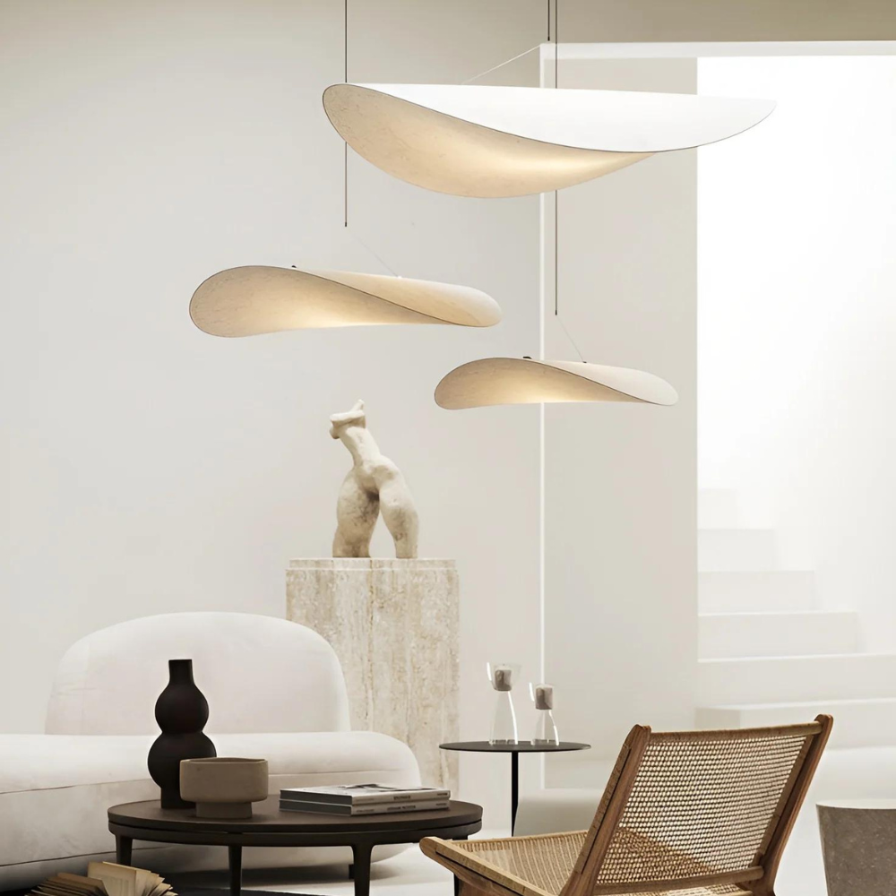 Lampa wisząca w stylu Japandi — ręcznie tkany jedwabny klosz, Ø40/Ø60/Ø80