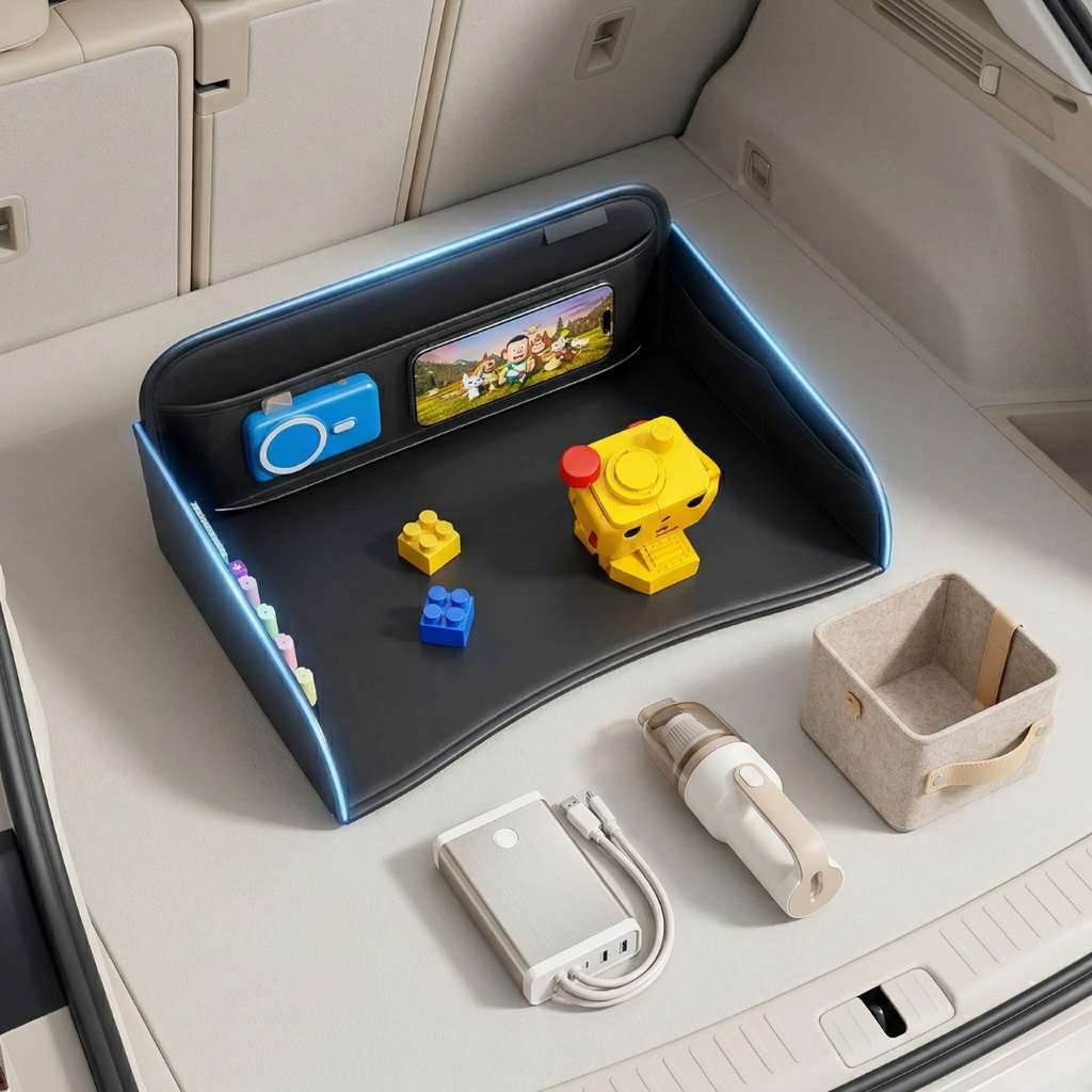 Organiseur avec plateau-repas pour banquette arrière - surface facile à nettoyer, base stable