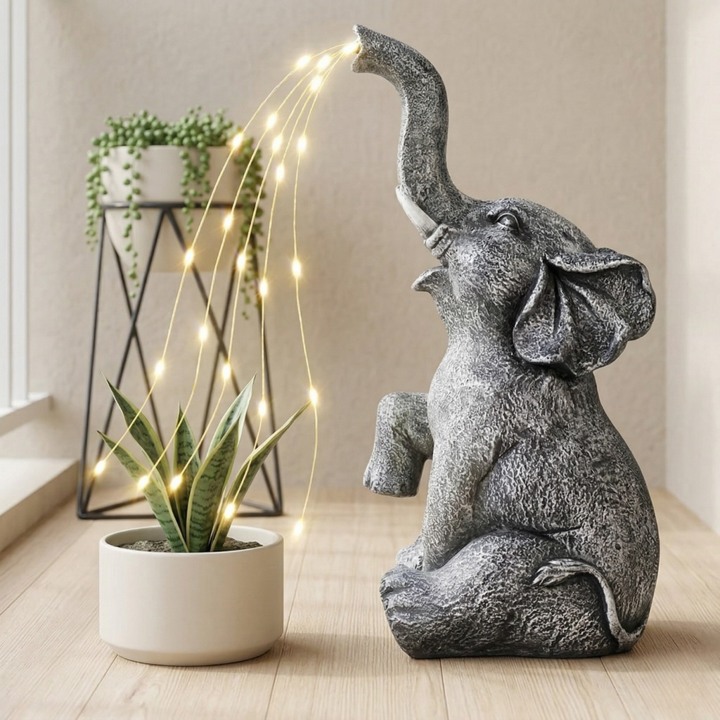Sloní zahradní dekorace na solární pohon — integrované LED teplé světlo