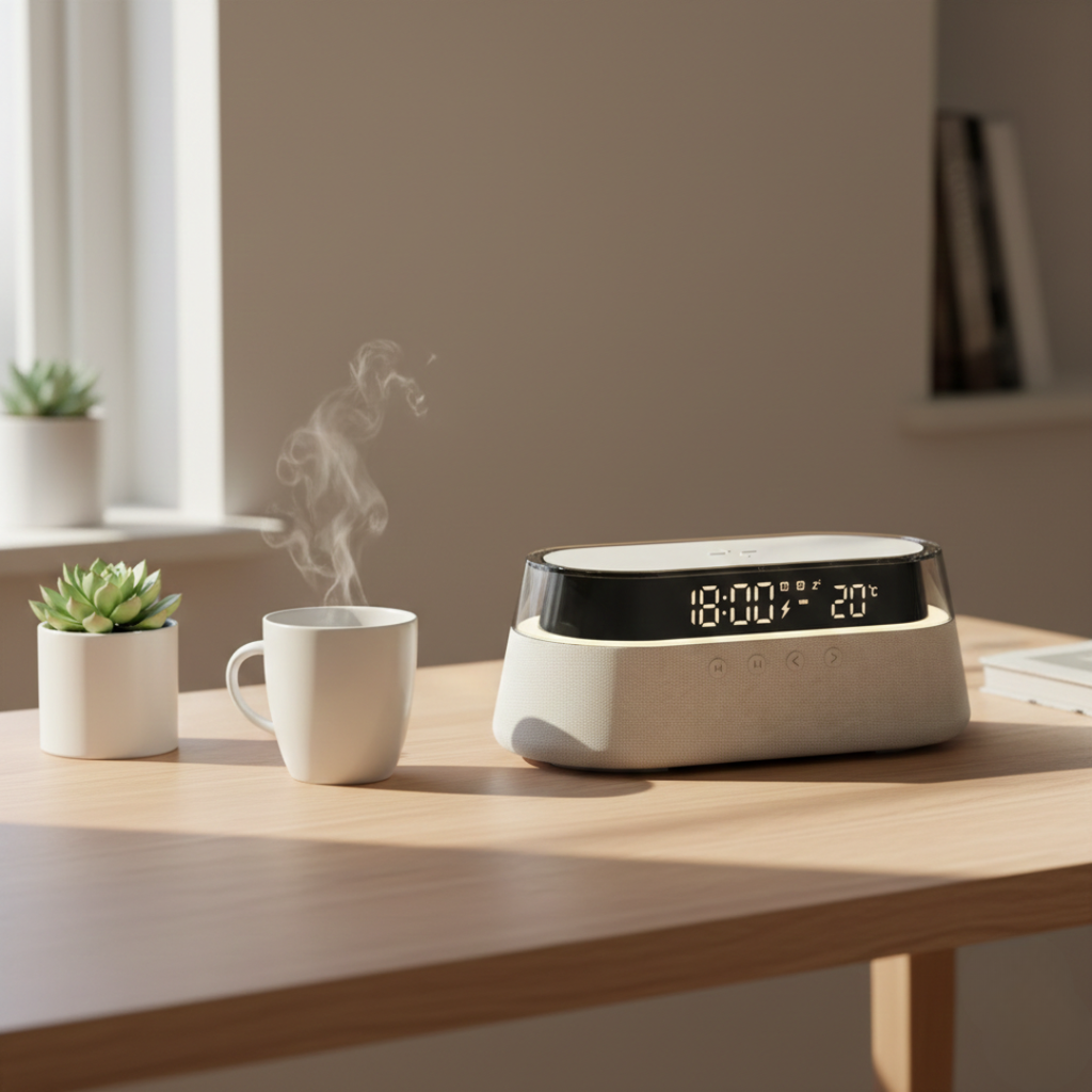Altavoz Bluetooth compacto con despertador — base de carga inalámbrica de 15W, iluminación ambiental