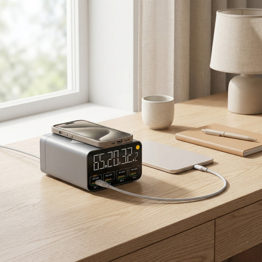 Estación de carga USB de ocho puertos — Salida rápida PD y QC3.0, superficie inalámbrica integrada