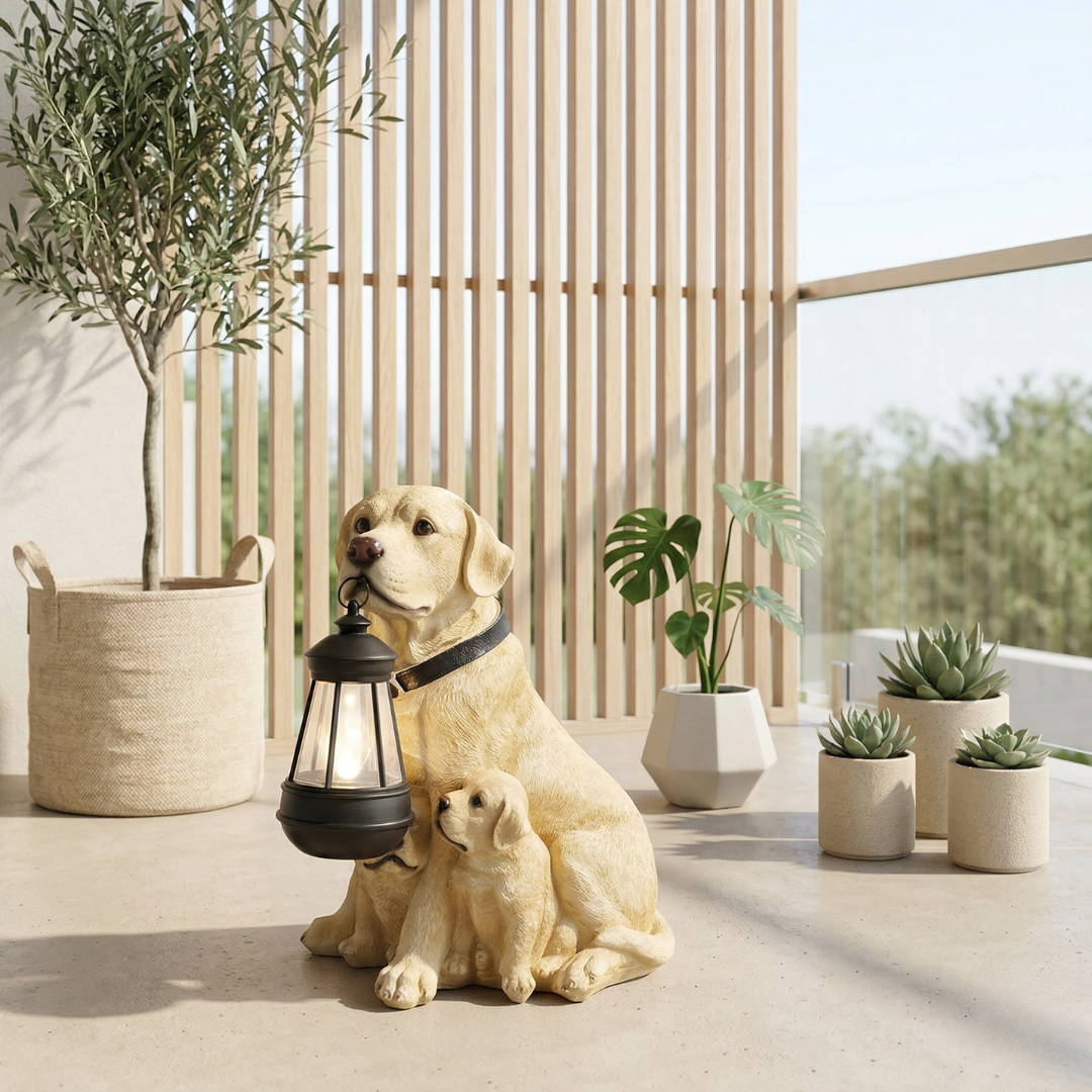 Decorazione da giardino a forma di cucciolo giocoso alimentata a energia solare — design con luce notturna