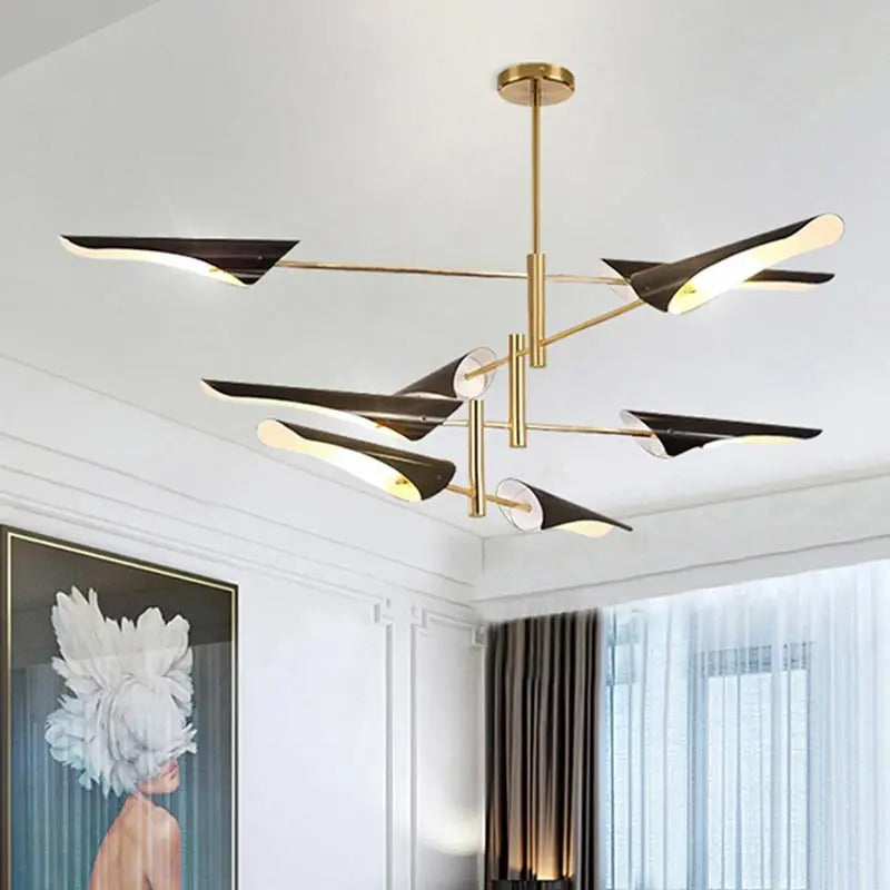 Astra Horizon Contemporary Chandelier — Black Driftwood Shading, Brass Structural Details