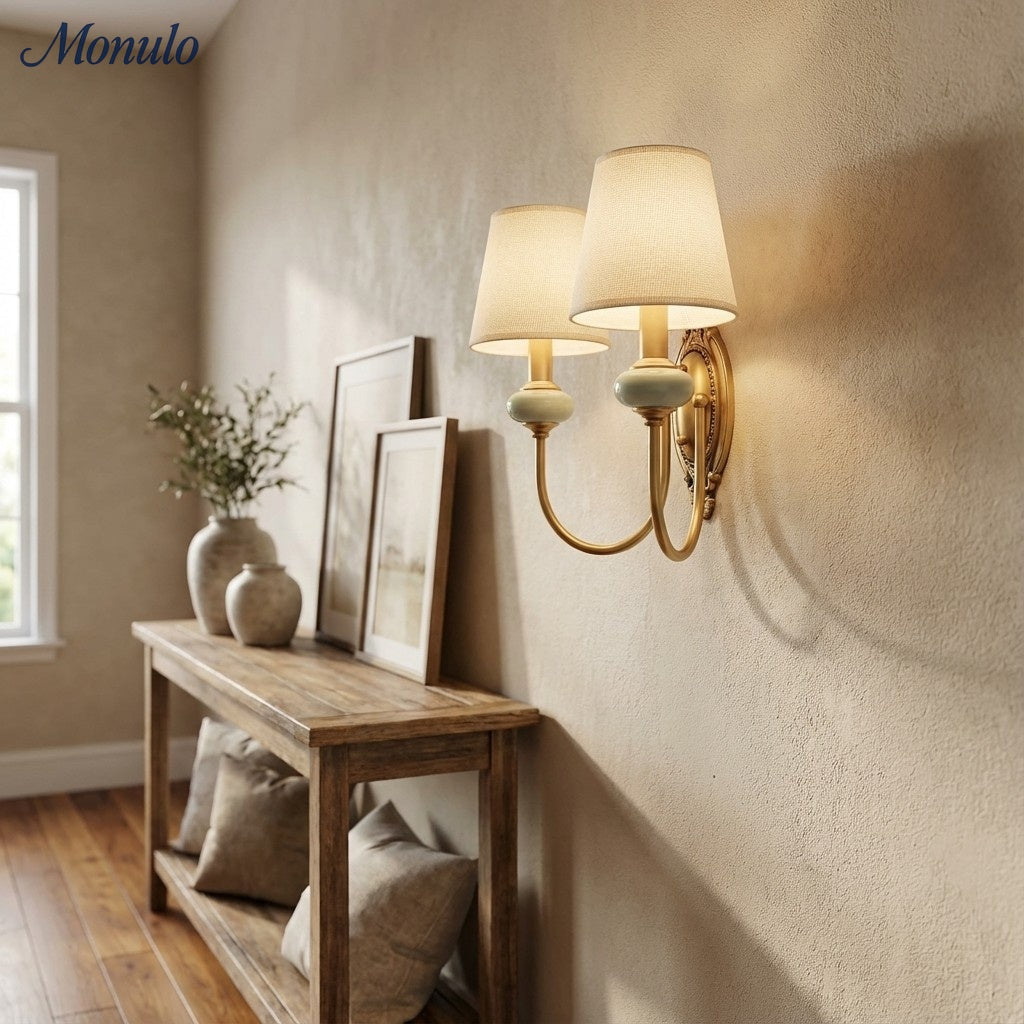 Keramische wandlamp met stoffen kap, 1 of 2 E27-lampen