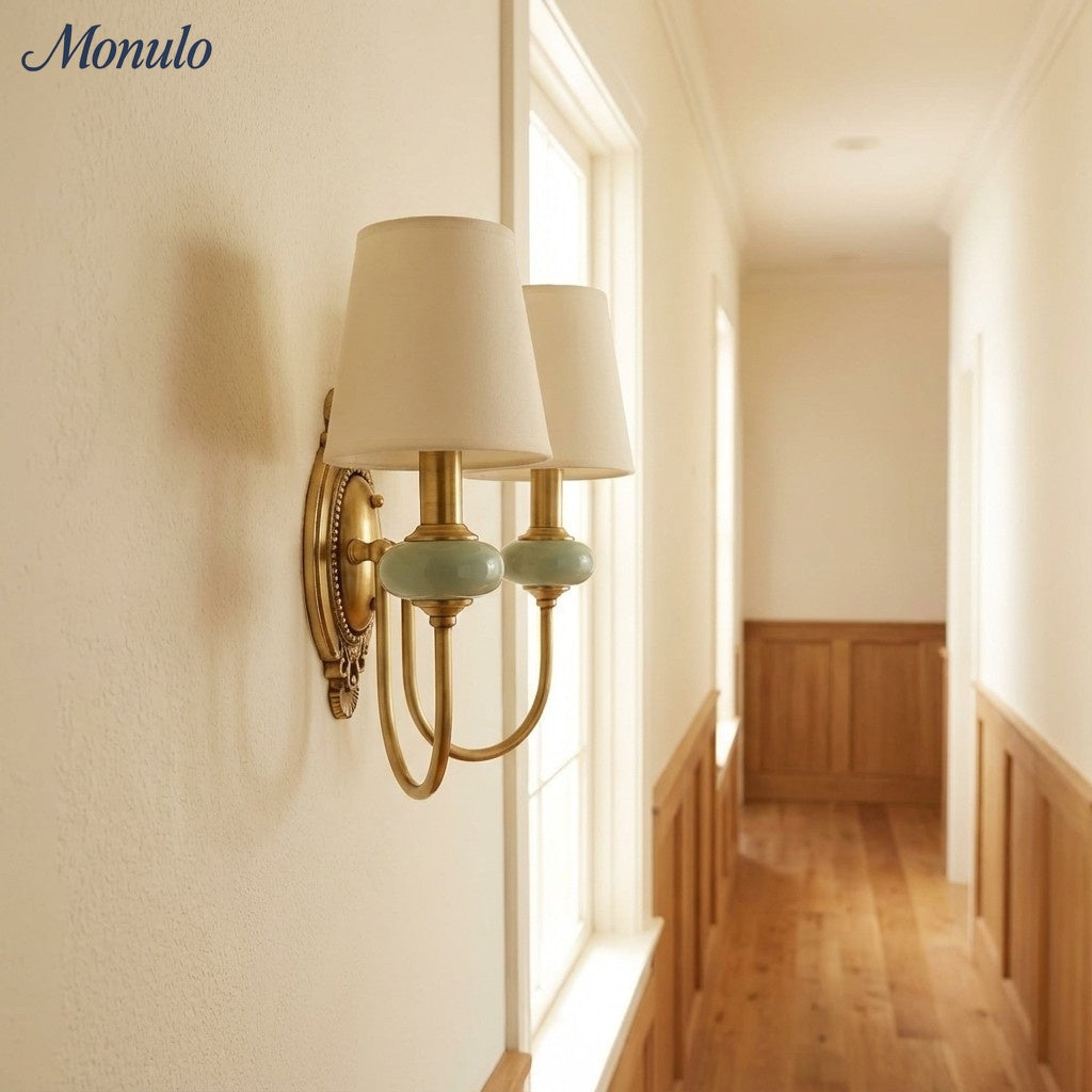 Keramische wandlamp met stoffen kap, 1 of 2 E27-lampen