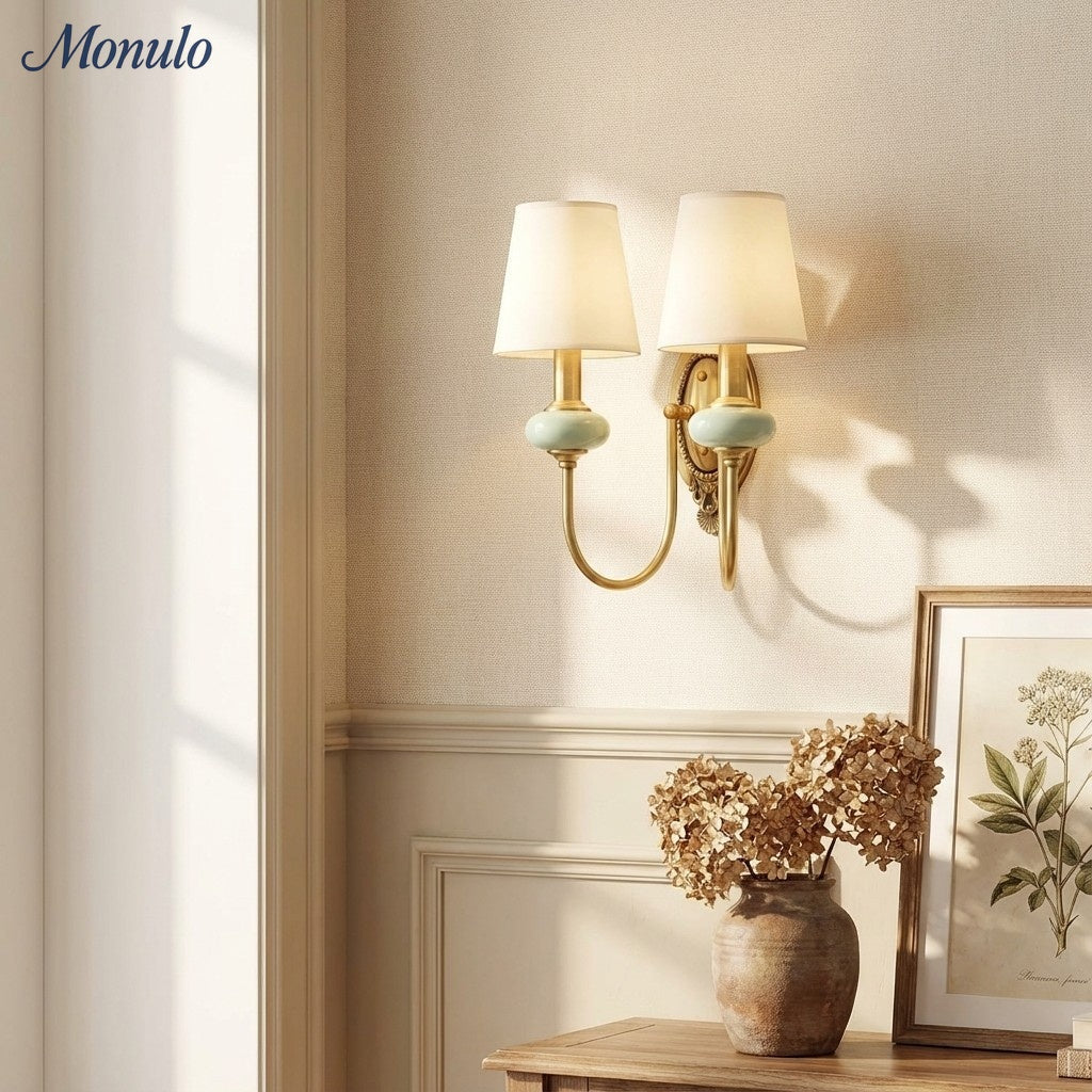 Keramische wandlamp met stoffen kap, 1 of 2 E27-lampen