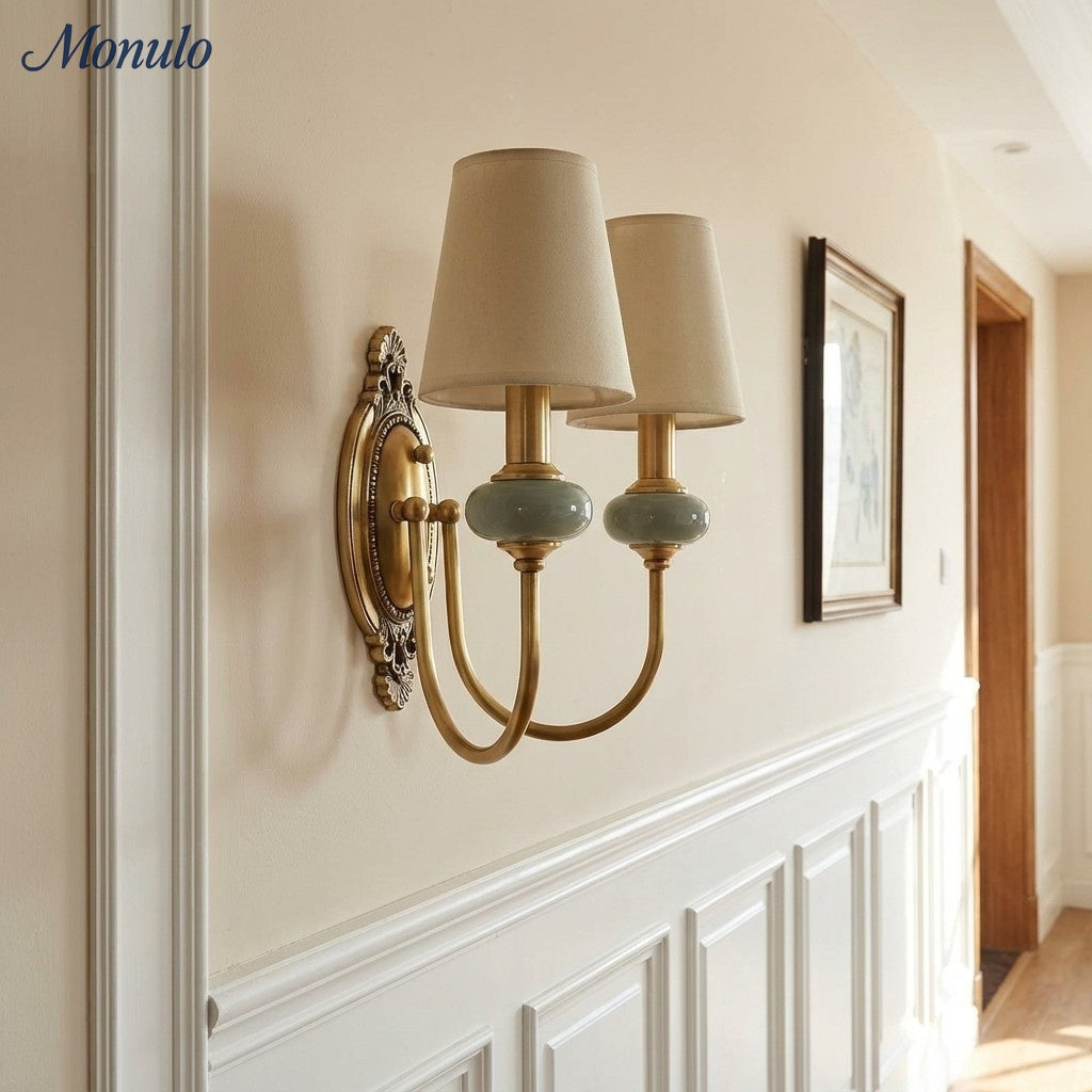 Keramische wandlamp met stoffen kap, 1 of 2 E27-lampen