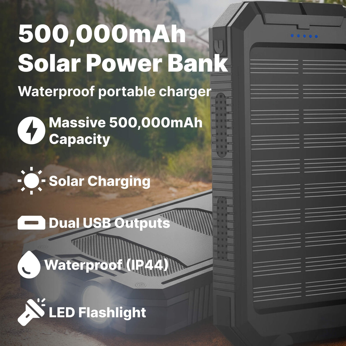 Αδιάβροχο ηλιακό power bank 500000mAh, διπλή USB, φακός LED