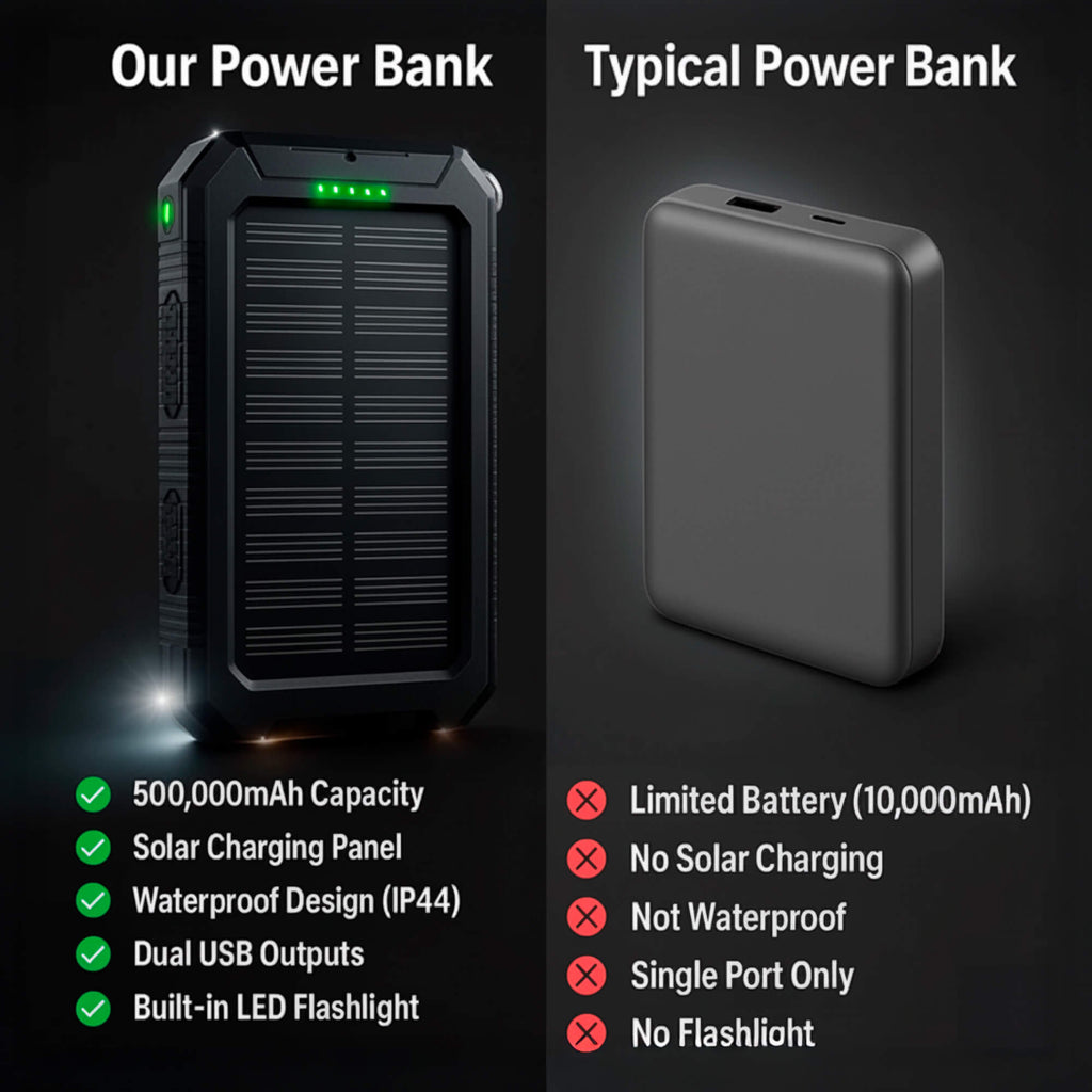 500000mAh solenergibank — vattentät, dubbel USB, LED-ficklampa