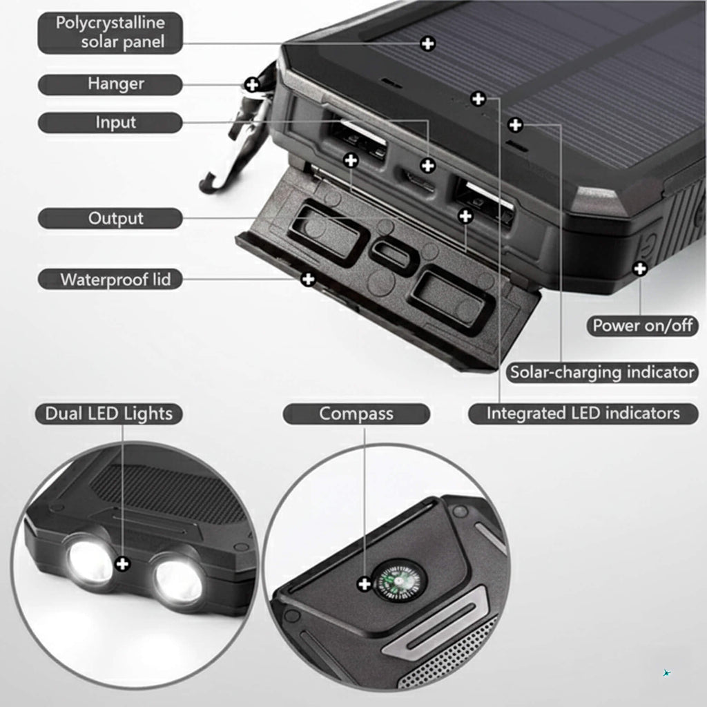 500000mAh solenergibank — vattentät, dubbel USB, LED-ficklampa