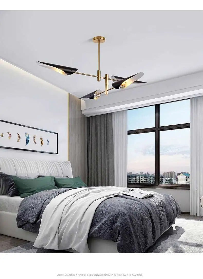 Astra Horizon Contemporary Chandelier — Black Driftwood Shading, Brass Structural Details