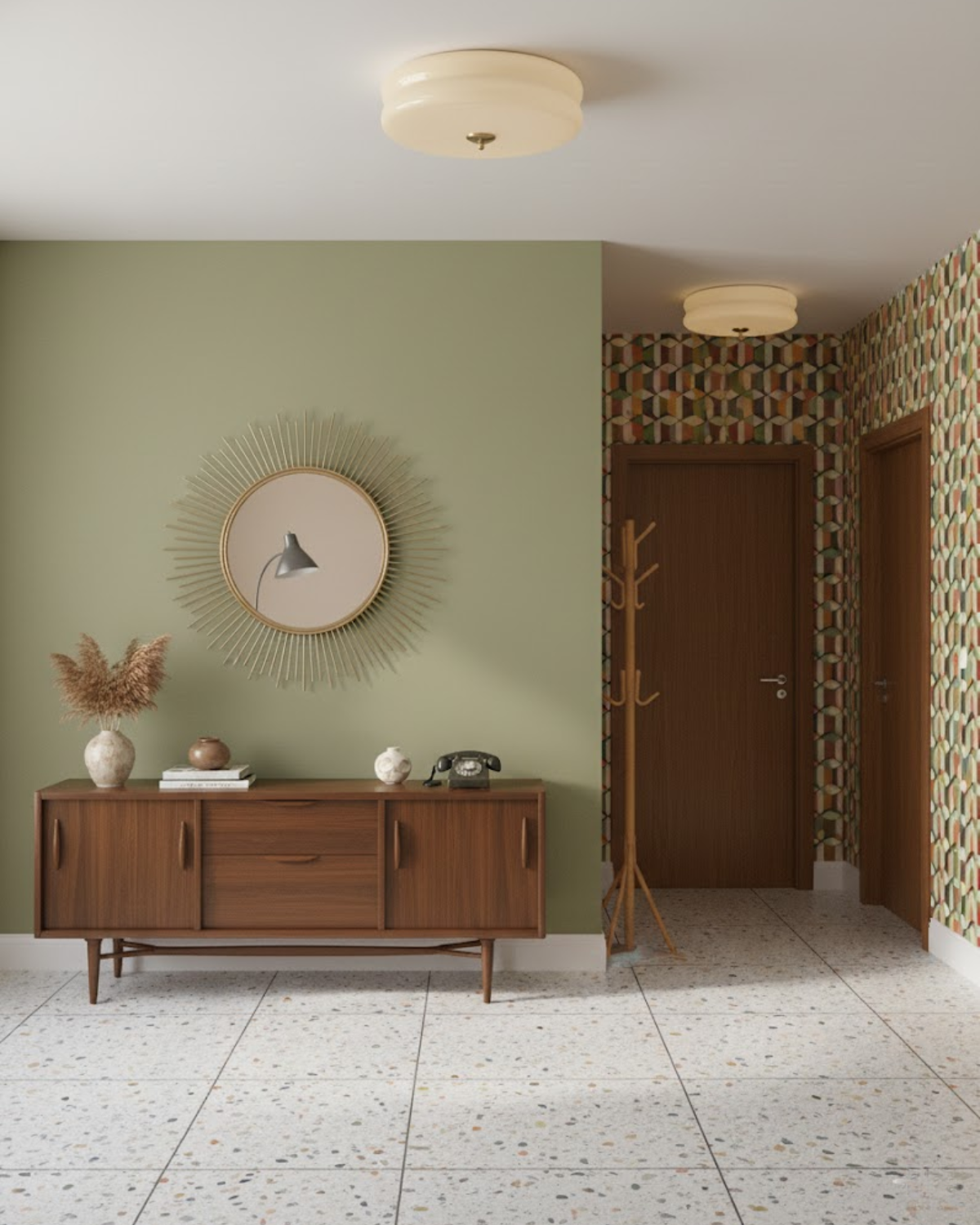 Lámpara de techo Art Déco — Beige, detalle cromado, luz cálida